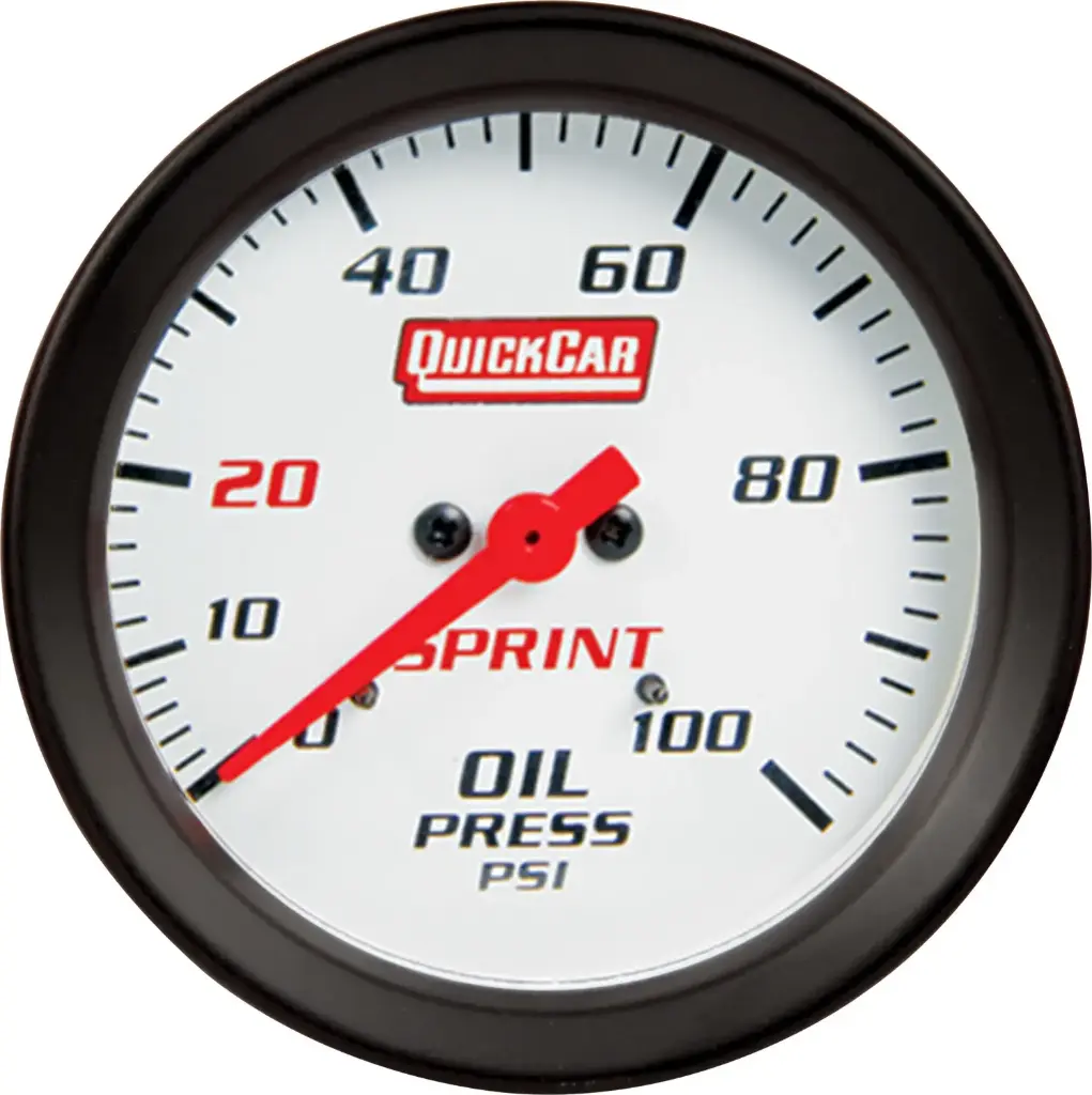 Oil Pressure Gauge, Sprint Car, 0-100 psi, Mechanical, Analog, Full Sweep, 2-5/8'' Diameter, White Face, QuickCar Sprint Panels, Each