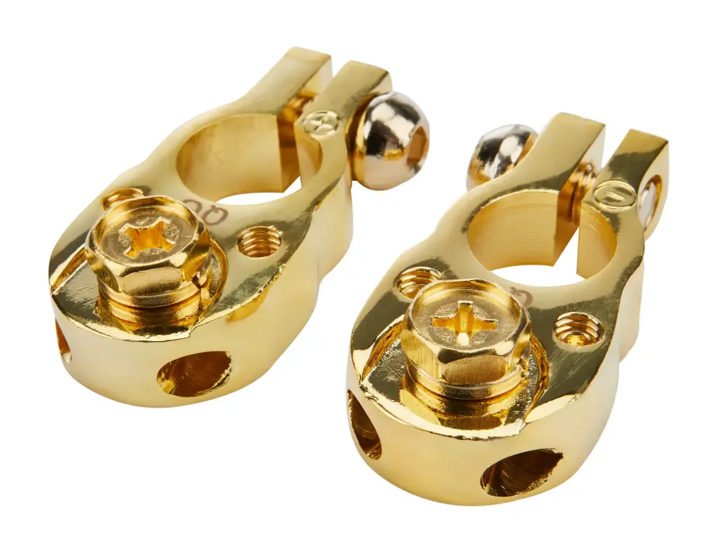 Battery Terminal, Top Post, Bolt-On, Brass, Gold Plated, Pair