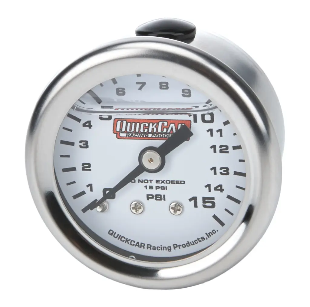 Fuel Pressure Gauge, Mini, 0-15 psi, Mechanical, Analog, Liquid Filled, Full Sweep, 1-1/2 in Diameter, White Face, Each QRP 6119015